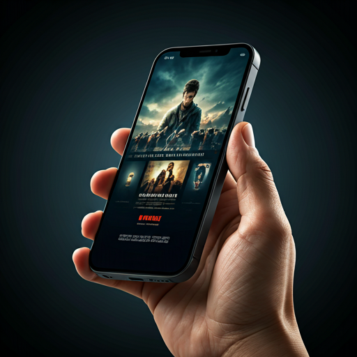 Modern smartphone showing a mobile streaming app interface with cinematic movie posters.