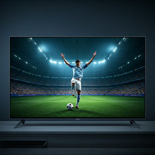 Premium smart TV display in a dark living room showing a high-definition sports broadcast.